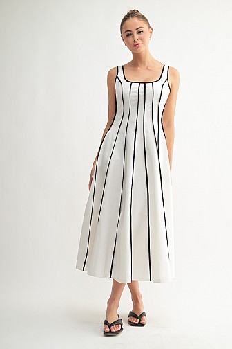 Contrast Piped Fit & Flare Midi Dress