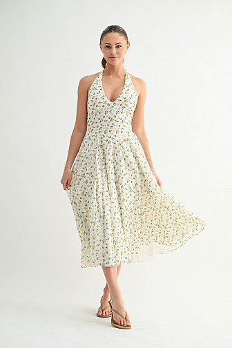 Lemon Print Halter Midi Dress